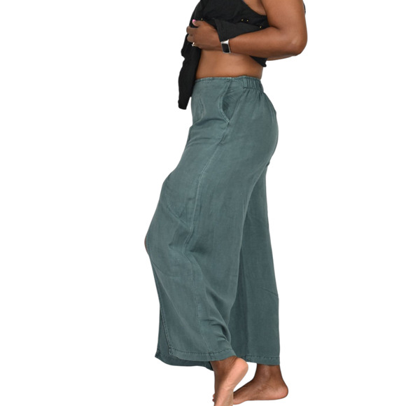 Young Fabulous Broke Cove Pant Green YFB Front Slits Crop Flare Washed Linen XS - Picture 3 of 14